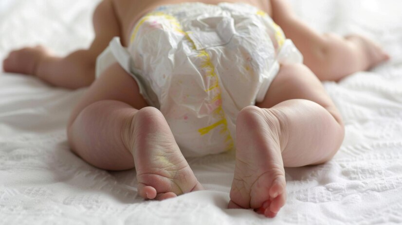 Baby lying on stomach wearing a diaper