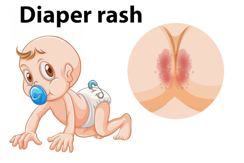 Baby with a pacifier and a diaper rash, highlighting symptoms of diaper rash